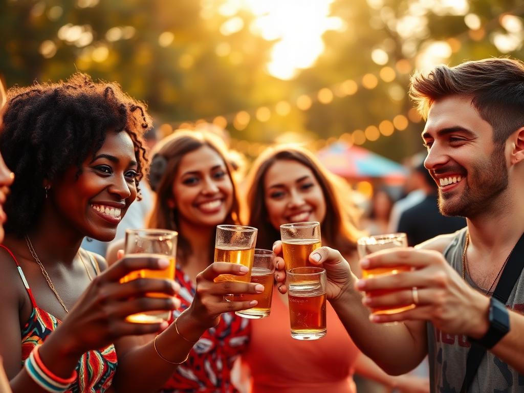 A diverse group of friends toasting drinks at a sunny afternoon festival