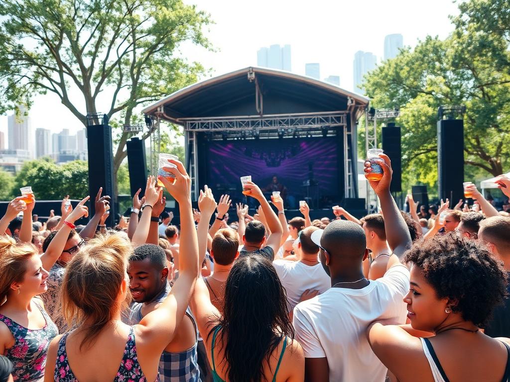A mixed crowd dancing and cheering at a daytime festival stage