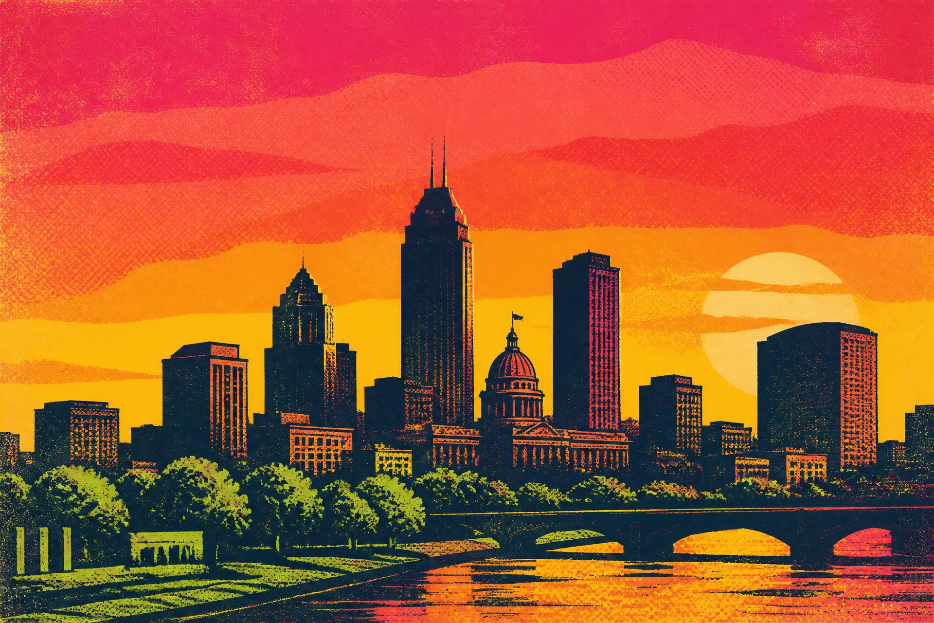 Screen-printed illustration of the downtown Indianapolis skyline at sunset